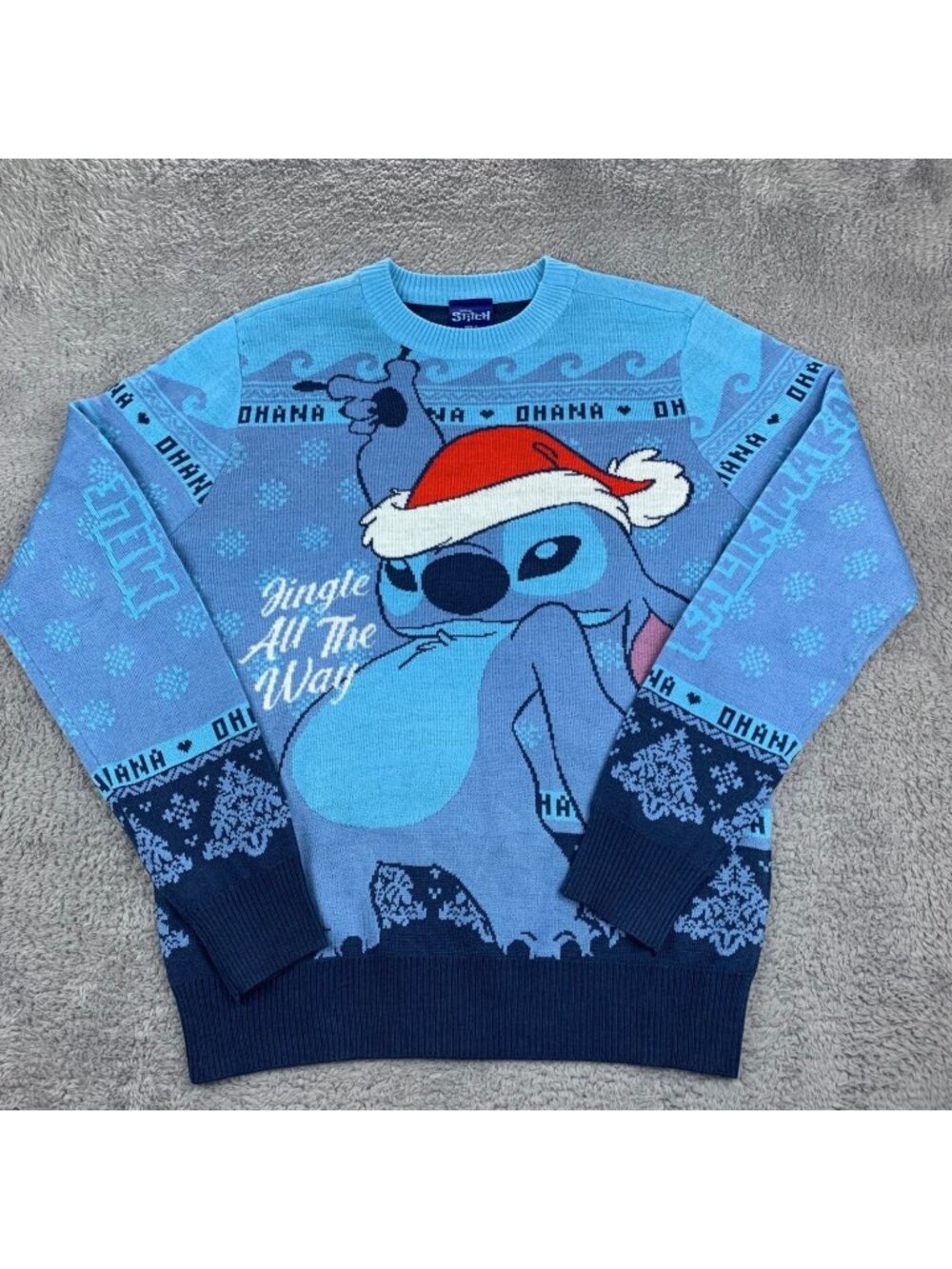 Disney Stitch Holiday Sweater Mens Small Blue Ohana Mele Kalikimaka Jingle Knit